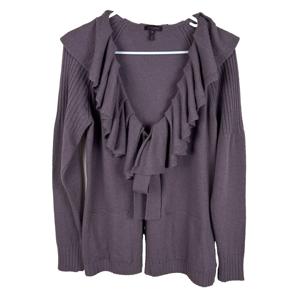 Escada Womens Wool Blend Ruffle V-Neck Cardigan Sz 36 US Sz S Made in Italy